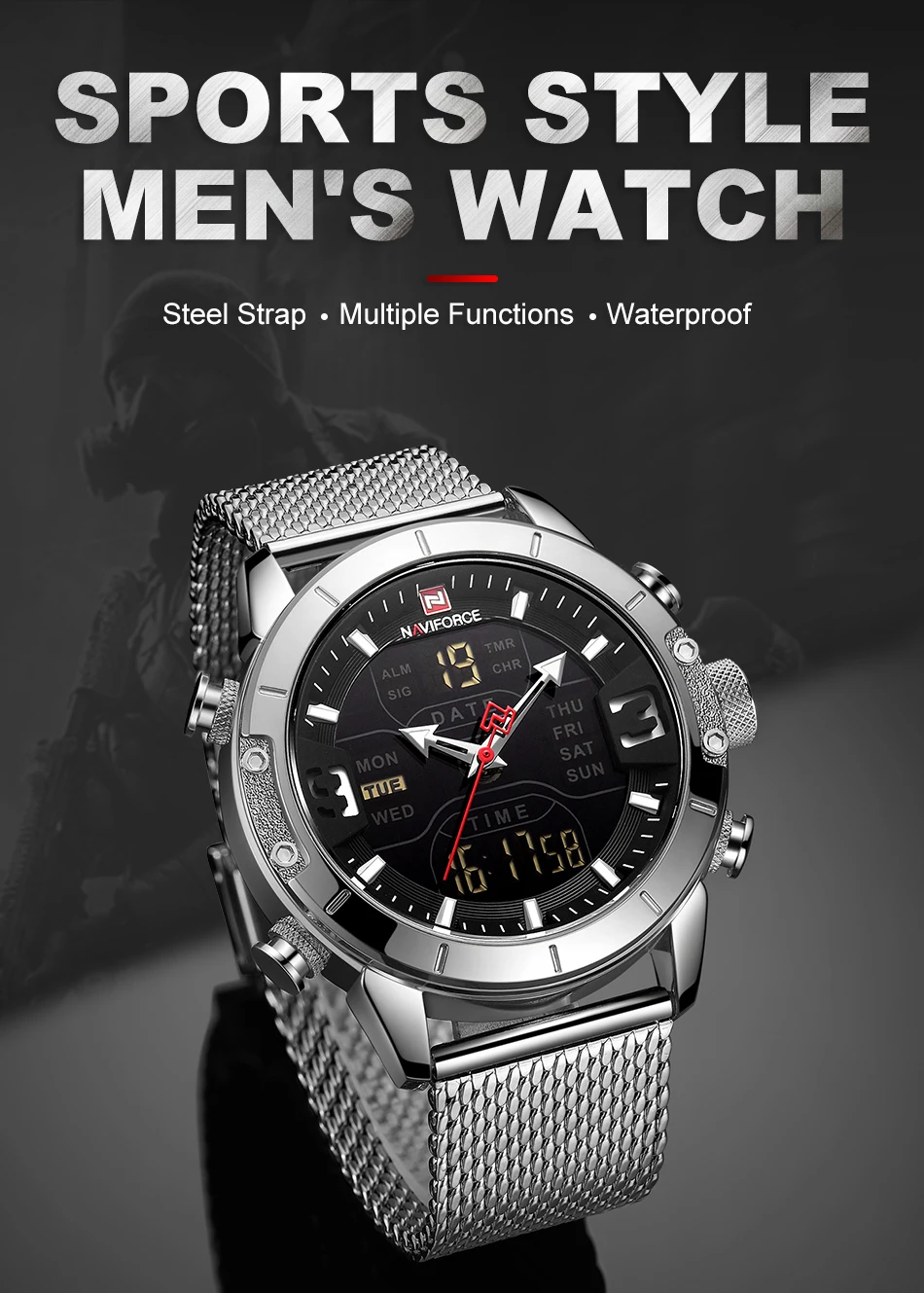 Новые мужские модные часы с двойным дисплеем, мужские военные кварцевые наручные часы из нержавеющей стали, сетчатые спортивные часы аналогово-Цифровые мужские часы