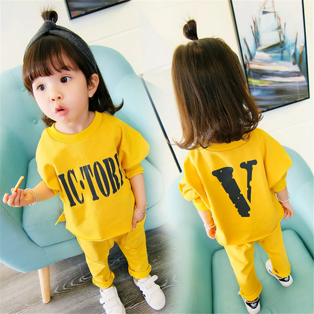 

Children Girls Spring Autumn Clothing Set Fashion V Letter Print Sweatshirt+Long pants Two-Piece Cotton Comfortable Sports Suit