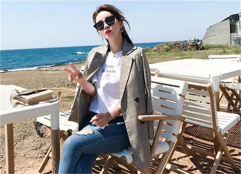 Винтаж двубортный женский клетчатый Блейзер весенние карманы куртки женские ретро-костюмы пальто Офисные Feminino Верхняя одежда Топ