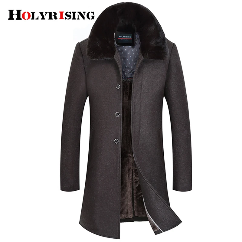 Holyrising Men Wool Coats Thick Man Coat Jaket Long Fur Collar Overcoat
