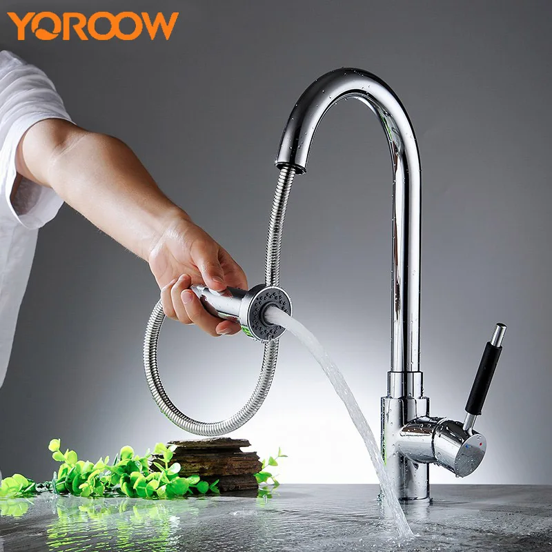 

Pull Out Kitchen Faucet White Chrome Kitchen Sink Mixer Tap Water Cold Hot Hose Swivel Rotative Modern Vanity Deck Mount LH0031
