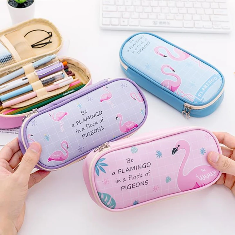 

kawaii Flamingo Pencil Case for Girls Leather Pencil Bag School Supplies Stationery Cute Big Pencil Box Pencilcase School Tool