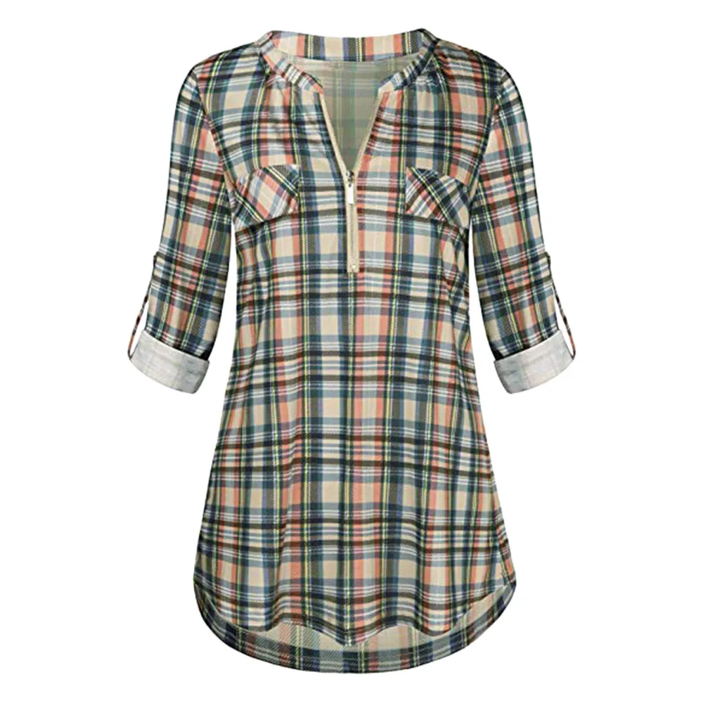 

2019 New Spring SpringWomens Tops And Blouses Rolled Sleeve Zipped V-Neck Plaid Printed Tops Blouse Korean Fashion Clothing