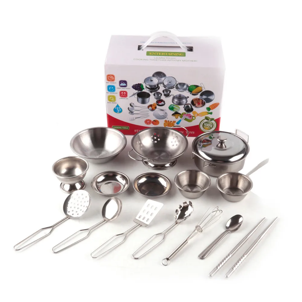 

16pcs/set Stainless Steel Kitchen Toys Cooking Pots Pans Food Kids Gifts Mini Pretend Tool Set Simulation Educational Play House