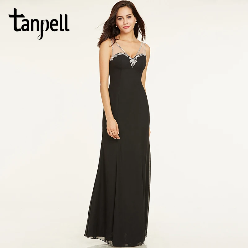

Tanpell beaded evening dresses black v neck sleeveless floor length a line gown cheap women chiffon long formal evening dress