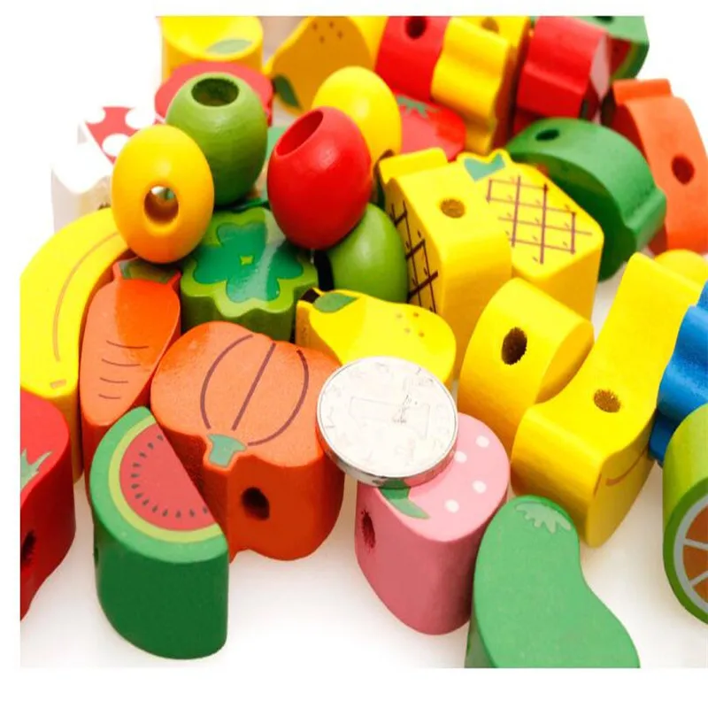 Wooden Fruits and Vegetables Lacing Stringing Beads Toys with Hedgehog Board for Toddlers Kids Children (9)