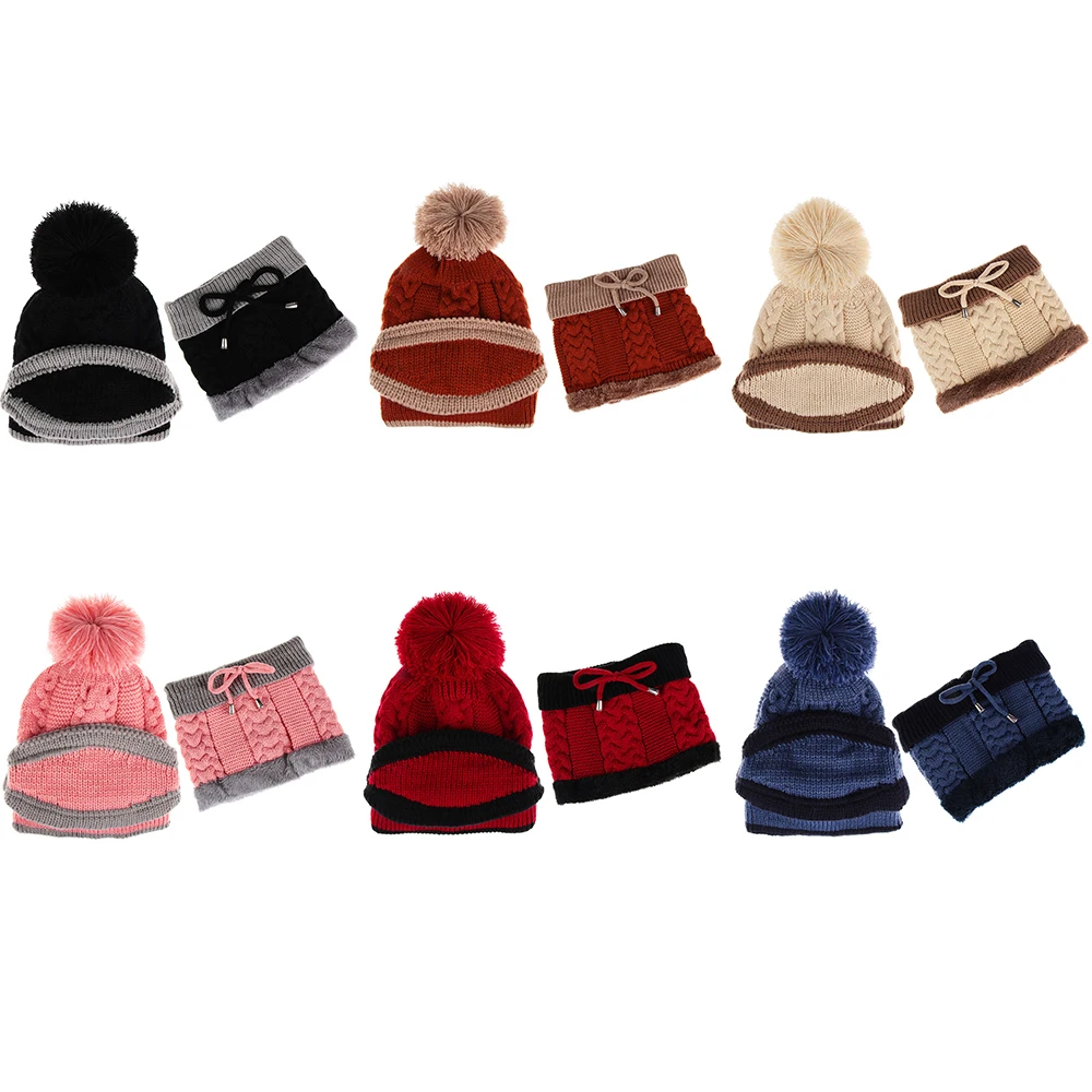 

3Pcs/Set Scarf Mask Beanie Hat Set Women Winter Warm Thick Solid Pompoms Knit Caps Scarves Outdoor Ski Hats Fashion Accessories