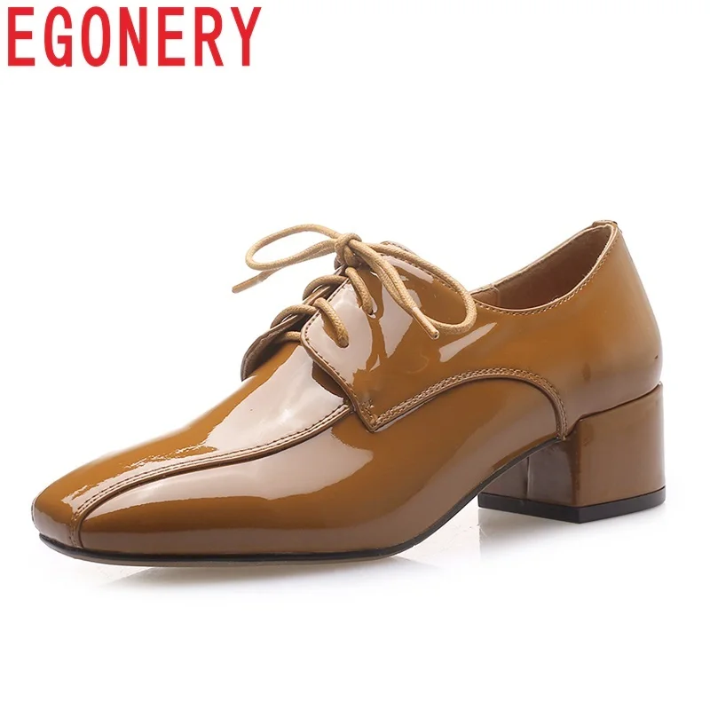 

EGONERY women patent genuine leather heels laced up woman spring new style casual shoes office ladies plus size brand footwear