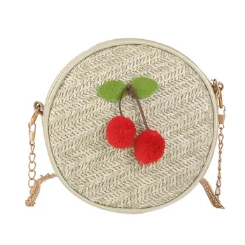 

Fashion Women Cherry Pendant Zip Chain Crossbody Shoulder Pouch Round Woven Bag