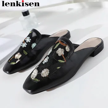 

Lenkisen simple style classic oriental embroidery outside slippers genuine leather square toe movie star elegant party mules L23