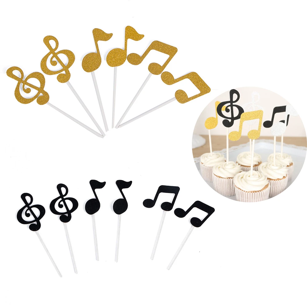 

6Pcs Cake Toppers Glitter Musical Note Cupcake Toppers Birthday Party Wedding Decor Baby Shower Cake Baking Cup Insertion Card