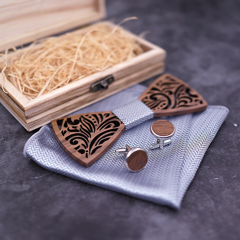  Wooden Bow Tie set and Handkerchief Bowtie Necktie Cravate Homme Noeud Papillon Corbatas Hombre Paj