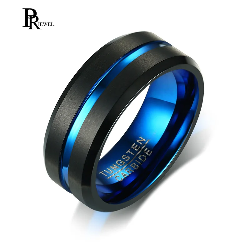 

8mm Tungsten Carbide Ring Blue Line Brushed Black Wedding Band Comfort Fit