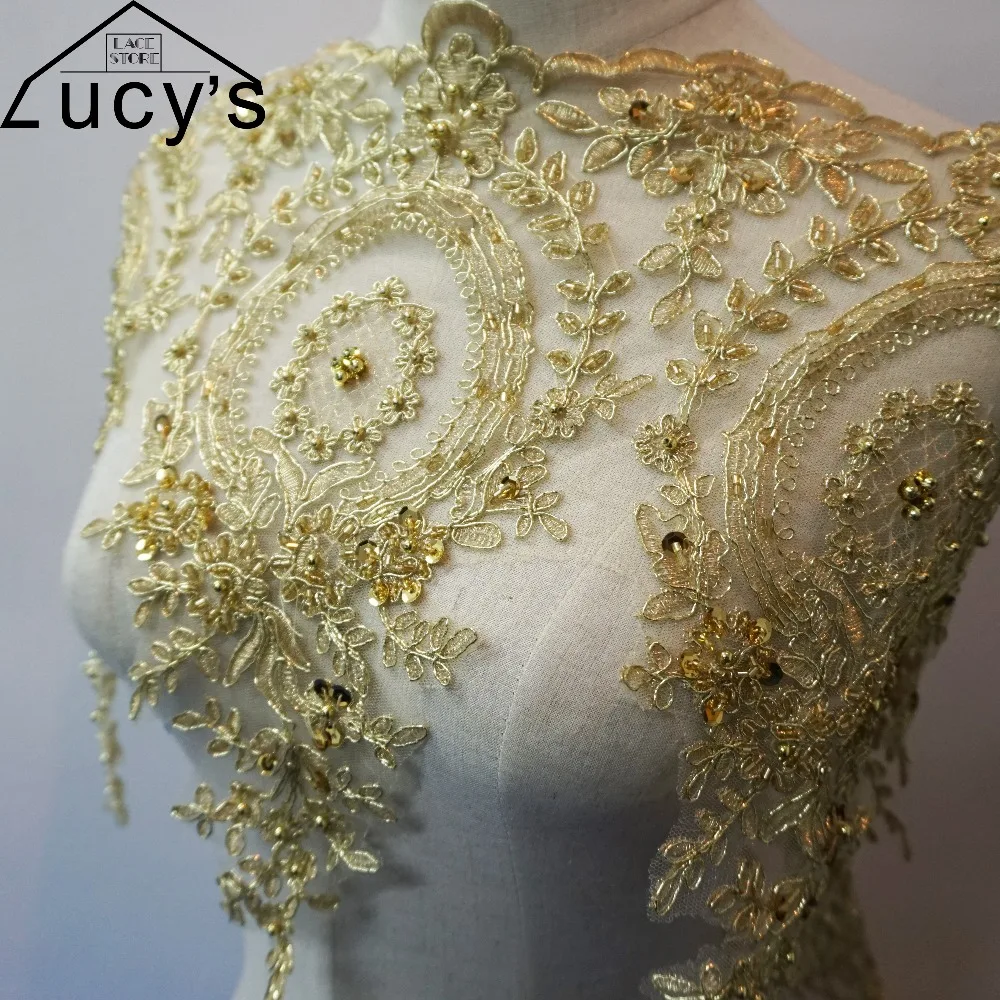 

Special ocation lady long dress sewing gold lace trimming with beads and sequins Shiny embroidery tulle lace trim 1 Yard!