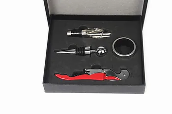 

1set 4 in 1 red wine bottle opener Corkscrew Wine Bottle Opener + Stopper + Ring + Pourer Set with gift box random Color LJ 014