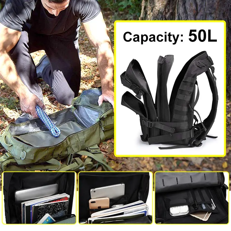 50L Capacity Military Tactical Backpack Men Army Large Bag Hiking Camping Rucksack Hunting Outdoor Waterproof Travel Backpack