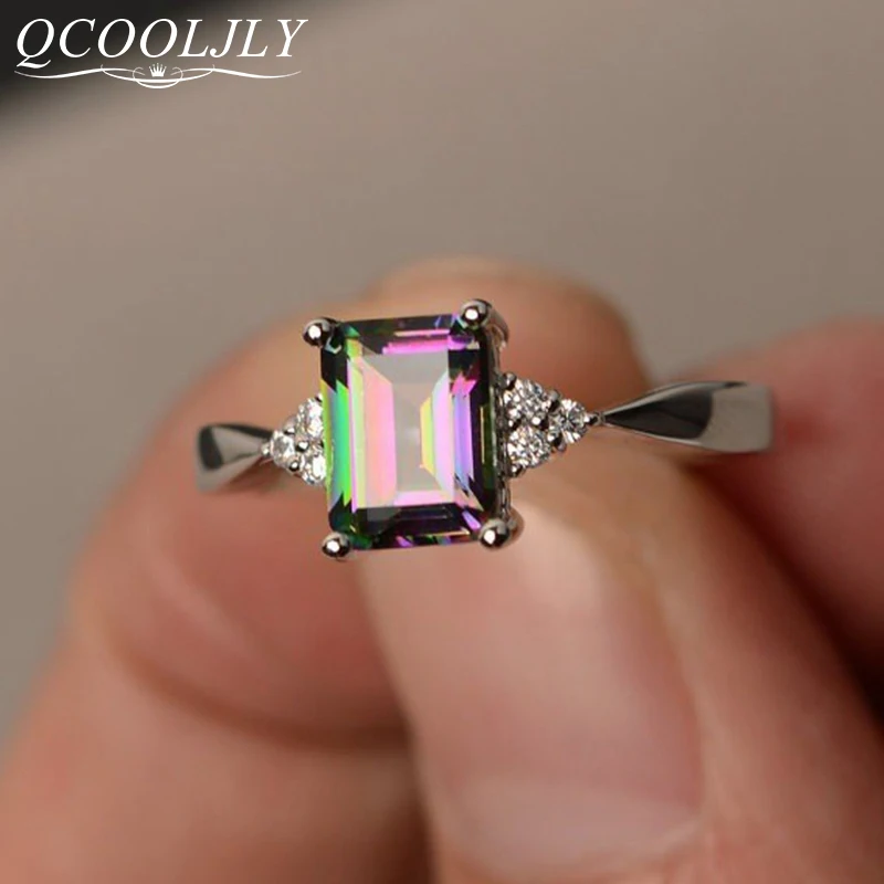 

QCOOLJLY 2019 New Fashion Green Mystic Multicolor Ring Silver-color Ring 3 colors Wedding Accessories Engagement For Women