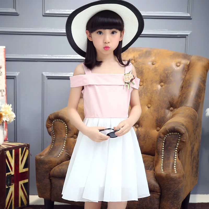 

2017 Girls Slip Dress Summer Fashion Square-cut Collar Leakage Shoulder Flower Splice Matching Splicing Dress Children Clothes
