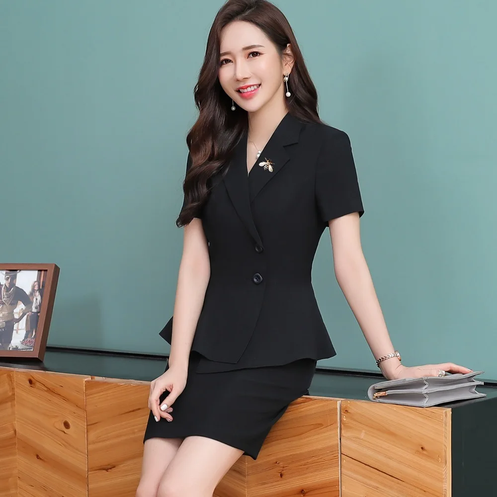 Female Skirt Suit Short Sleeve Slim Waist Ruffle Blazer Jacket+Skirt 2 Pieces Business Skirt Suits Office Clothes ow0516