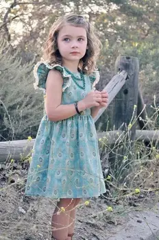 

Ins new explosion models girls flying sleeves short-sleeved dress female baby peacock hair printing princess dress