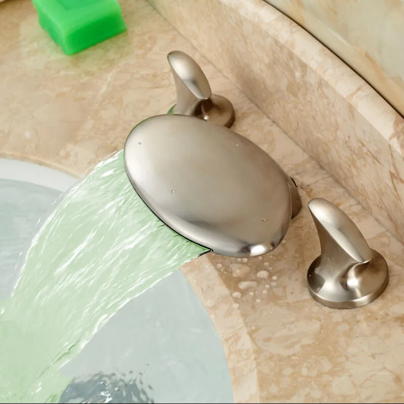 Good Quality LED Light Wide Waterfall Spout Basin Faucet Dual Handles Sanitary Basin Mixer Taps Brushed
