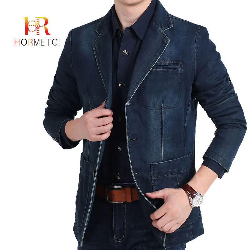 

HORMETCI 2019 High quality men's clothing Autumn casual denim Blazers loose large size youth suit jacket Long section coats