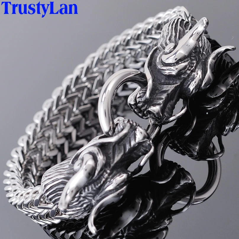 

Double Dragon Head Men Bracelet For Man Friendship Mens Bracelets 2018 For Men Punk Rock Stainless Steel Male Jewelry TrustyLan