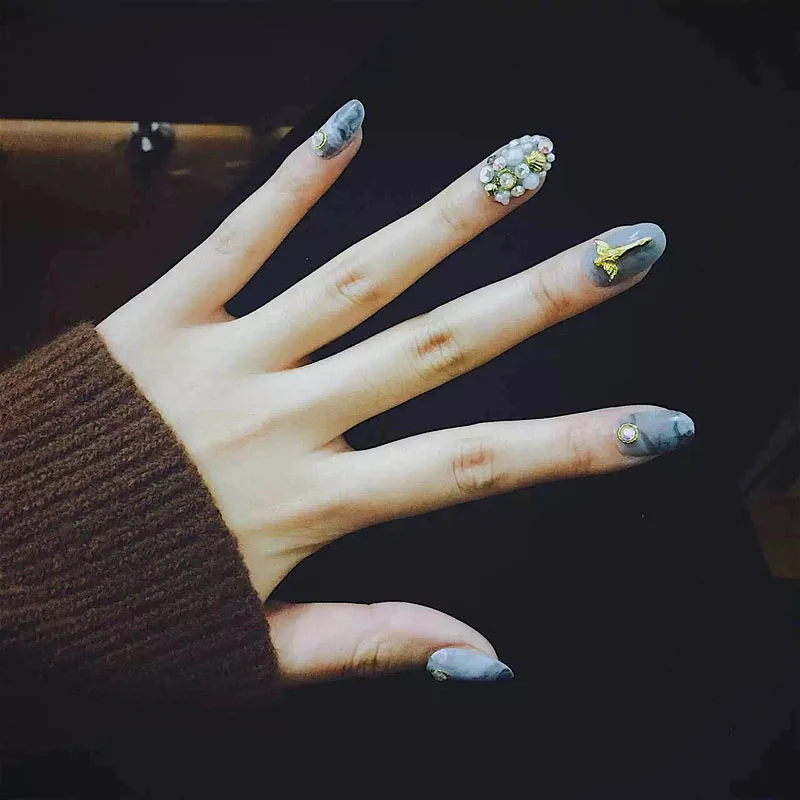 24pcs/Set Japan Style Marble Pattern False Nails Round Head Finished