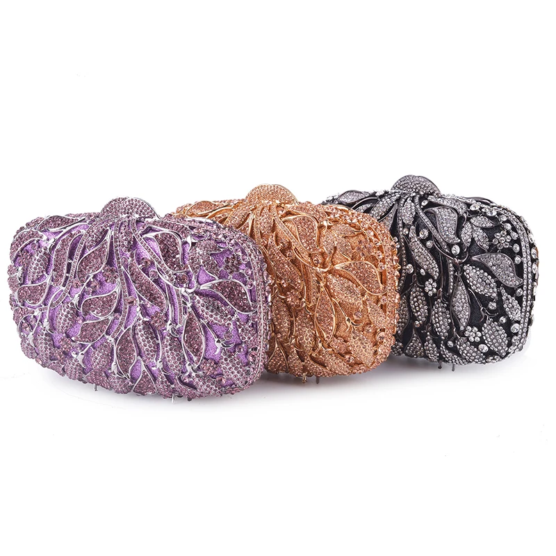 

Purple Gemstone Women Evening Clutches Bags White Rhinestone Handbags Black Ladies Shoulder Purse Gold Female Party Clutch