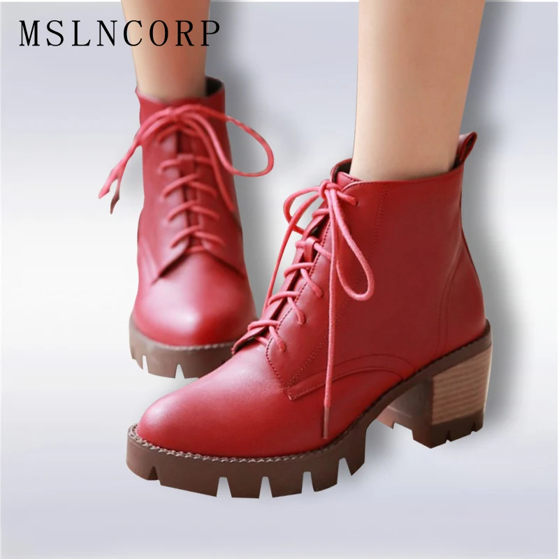 

plus size 34-43 Hot Sale Platform Martin Boots Women Square High Heels Shoes Lace Up Ankle Boots 2016 Fashion motorcycle boots