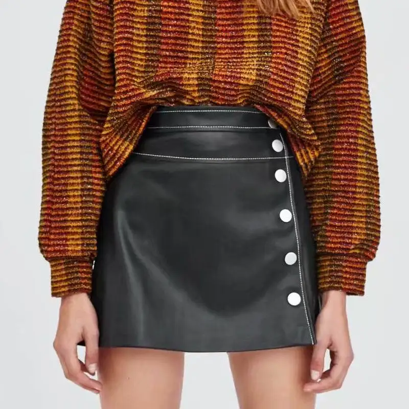 

Leather Skirt Autumn Button Up Sexy Mini Skirt