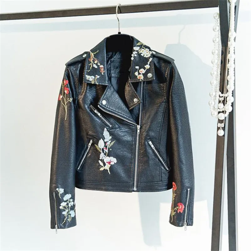 

Spring Oversized Leather Jackets Female Autumn Leather Coat Pu Waistcoat Pu Embroidery Motorcycle Outerwear Slim Veste Manteau