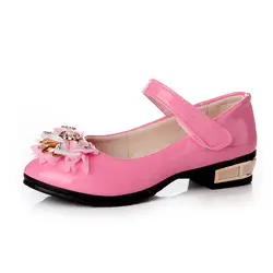 Mumoresip Демисезонный Мода для девочек лакированные кожаные туфли мягкие принцессы обувь для детей на каблуках со стразами и бантом сердце
