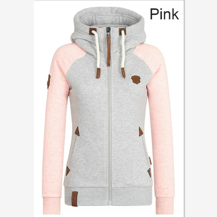 Толстовка на молнии контрастного цвета с завязками, цветная Толстовка Poleron Mujer, толстовки с длинными рукавами, Женская водолазка на молнии - Цвет: pink hoodie