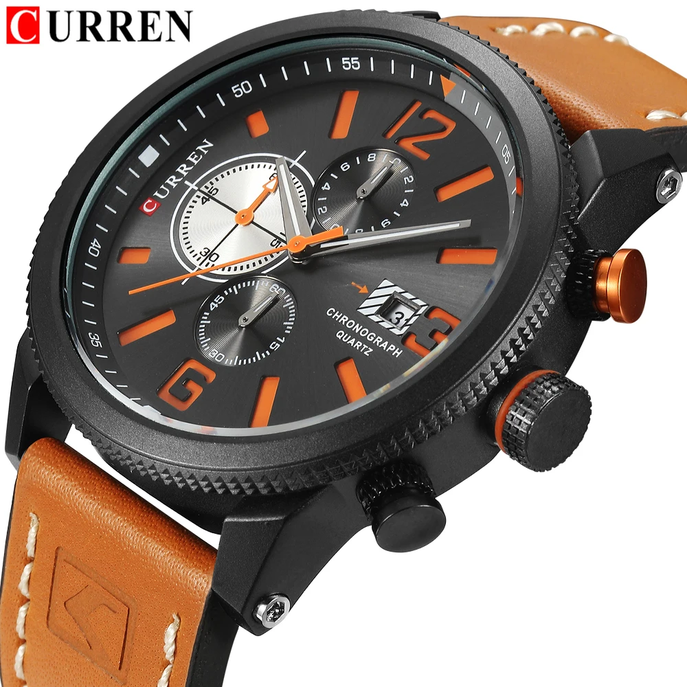 Brand New Fashion Quartz Men's Watch Chronograph Dial and Date Window Casual Business Wristwatch CURREN Leather Clock For Man