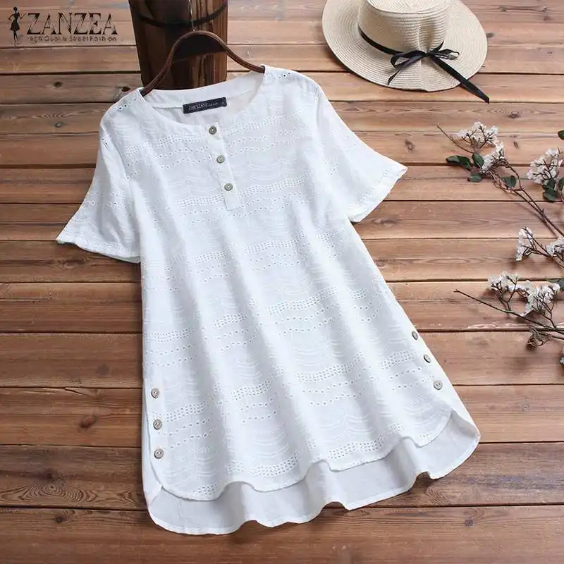 

ZANZEA Summer Blouse Women Hollow Out Embroidery Tops Shirts Casual Short Sleeve Tunic Blusas Cotton Chemiser Mujer Plus Size