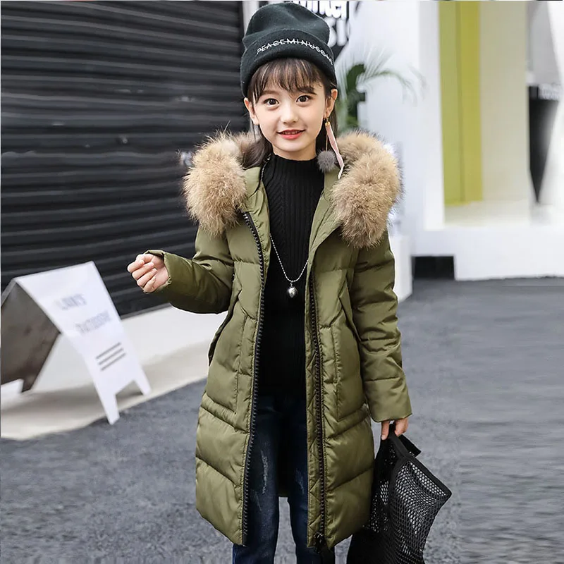 green winter jackets Теплая зимняя куртка с капюшоном для девочек, коллекция года, Новые плотные зимние пальто с меховым капюшоном для маленьких и больших девочек, красная, зеленая, черная детская одежда - Цвет: green winter jackets