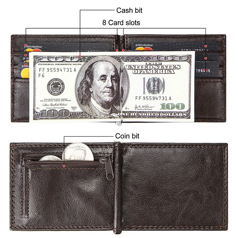 Металлический тонкий из искусственной кожи кредитный держатель для карт, двойной передний карман, мужской кошелек, RFID Блокировка, деловой мужской кошелек для долларов, сумка для денег - Цвет: Coffee