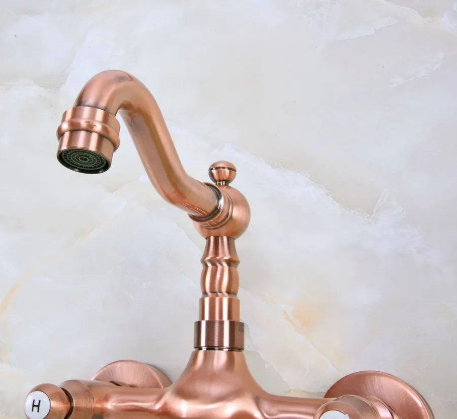 Antique Red Copper Brass Wall Mounted Bathroom Kitchen Sink Faucet Swivel Spout Mixer Tap Dual Ceramics Handles Levers anf949