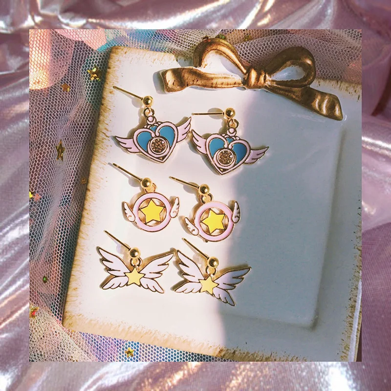 

Cute Star Stick Card Wand Sakura Cartoon Heart Earring CARDCAPTOR SAKURA Anime Angel Wing Earrings Jewelry Gift for women girls