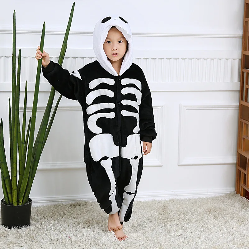 

Skeleton Pajama Onesie Kid Boy Girl Costume Flannel Warm Soft Black White Night Sleepwear Halloween Party Fancy costume