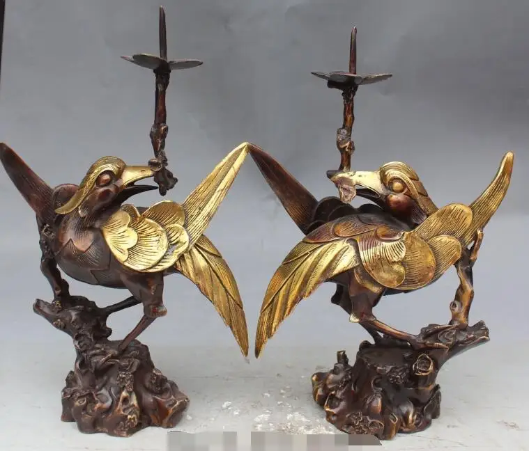 

S01947 13" China Bronze Redpoll Bird Plum Blossom Candle Holder Candlestick Statue Pair B0403