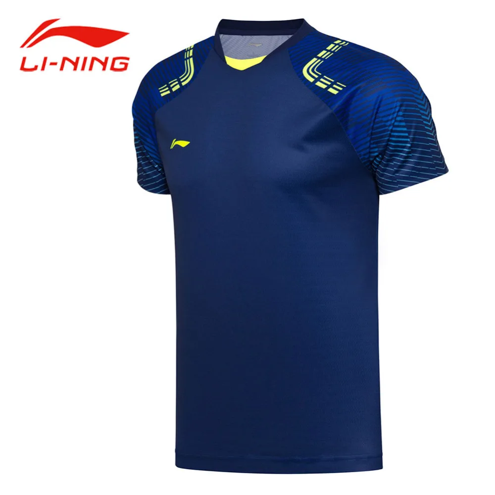 

Li-Ning Men Breathable Badminton T-shirts Striped Shoulder Printing AT DRY Comfort Tops LiNing Sports Competition Tees AAYN031