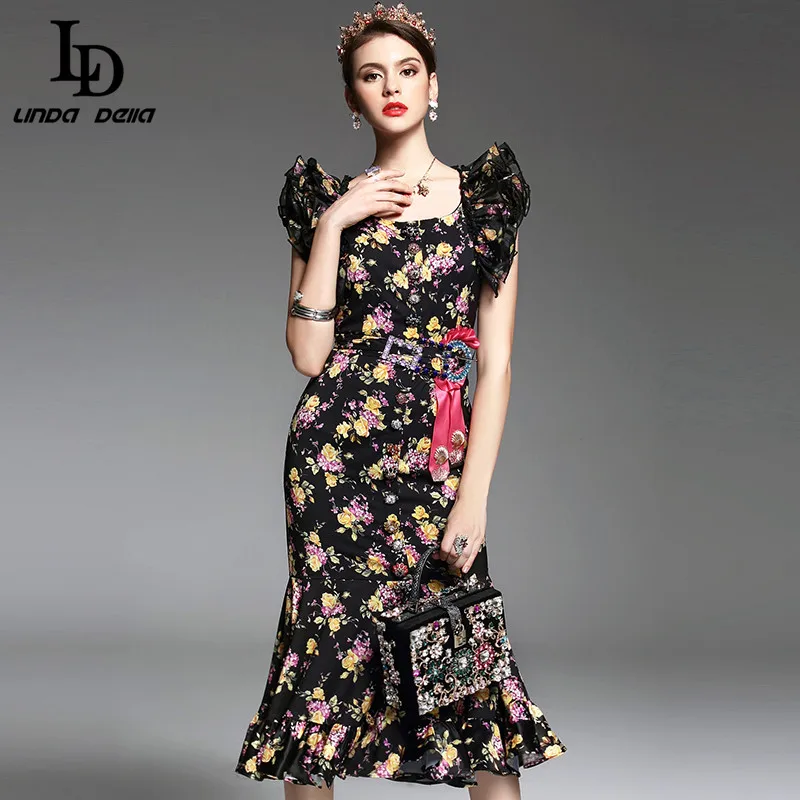 2017 Spring Summer New Runway Designer Dress Women's High Quality Ruffle Beading Sexy Vintage Floral Printed Mermaid Party Dress