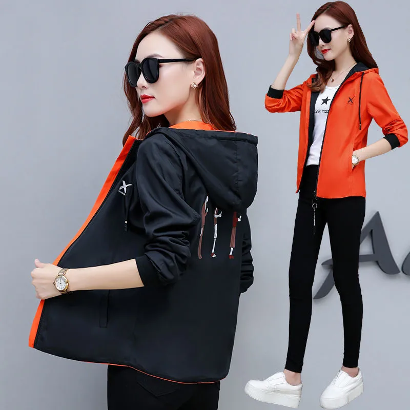 Promo  Spring women Bomber Jacket Zipper hooded Reversible wear Cartoon print outwear 2019 new loose plus 