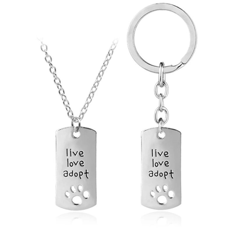 

live love adopt Dog Tag keychains set Square keyring cat lover paw footprint Necklace Memorial Fashion Jewelry gift for mom dad