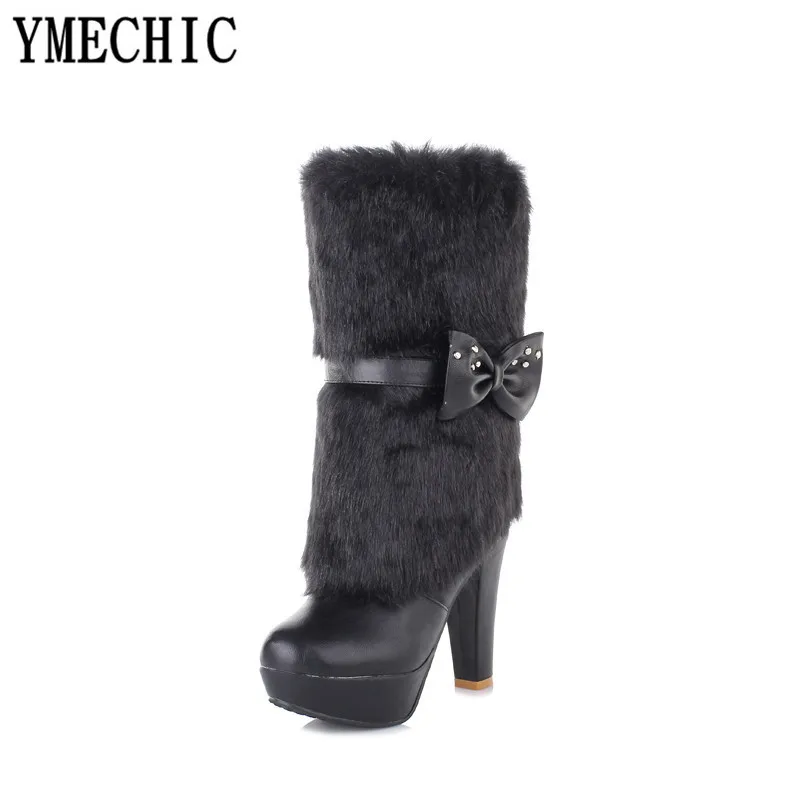 YMECHIC/2018 г. модная зимняя обувь черного и белого цвета на платформе высоком каблуке