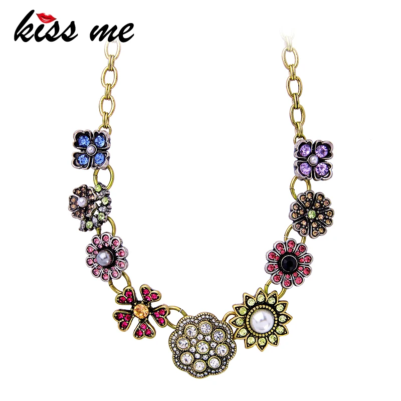 

KISS ME Fashion Necklaces for Women 2018 Latest Crystal Flower Chunky Necklace Zinc Alloy Vintage Jewelry Accessories