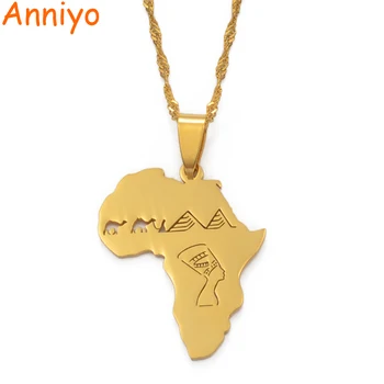 

Anniyo Africa Map With Egyptian Queen Nefertiti & Camel & Pyramid Pendant Necklaces African Jewelry Gifts #112221