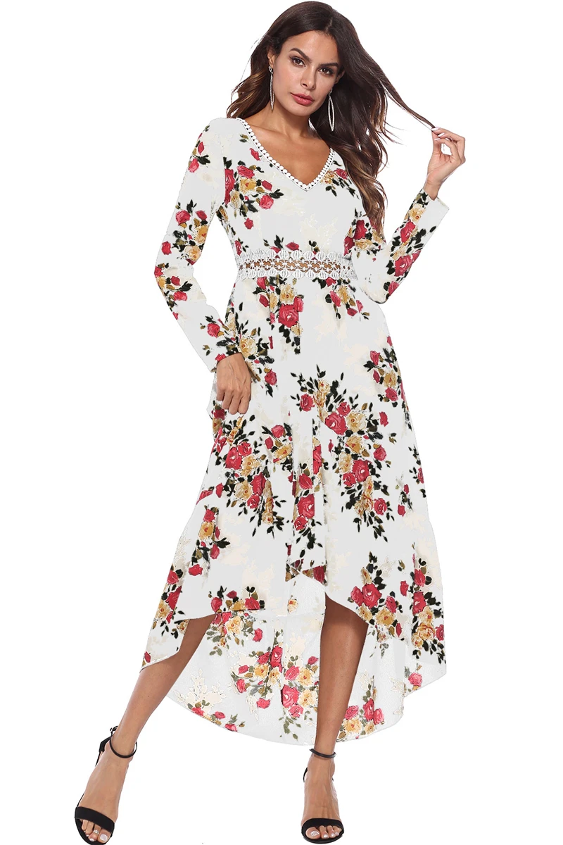 Floral Print Long Women Dress V-Neck Long Full Sleeve Spring Dress Sexy Hollow Out Waist Personality Western Style Gilr Clothes-XQ-06